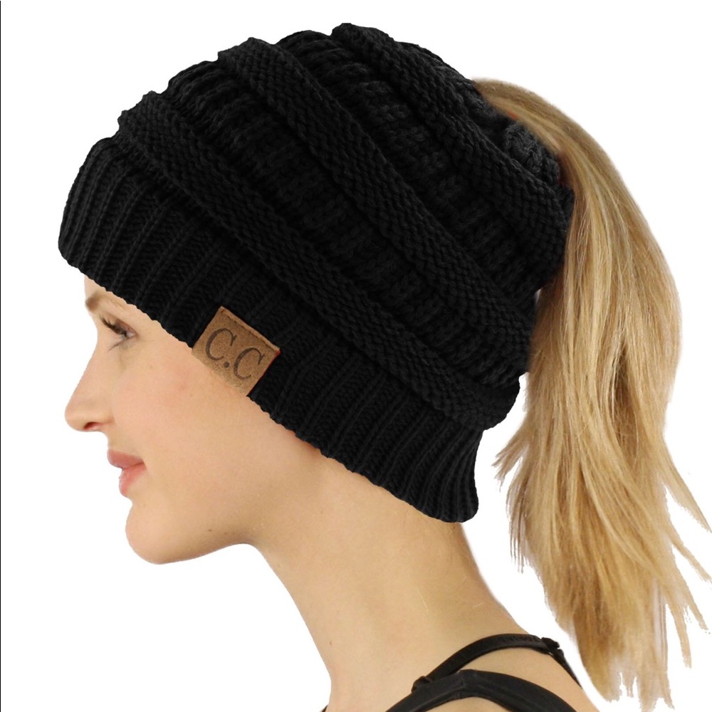 Messy Bun BLACK Beanie Hat